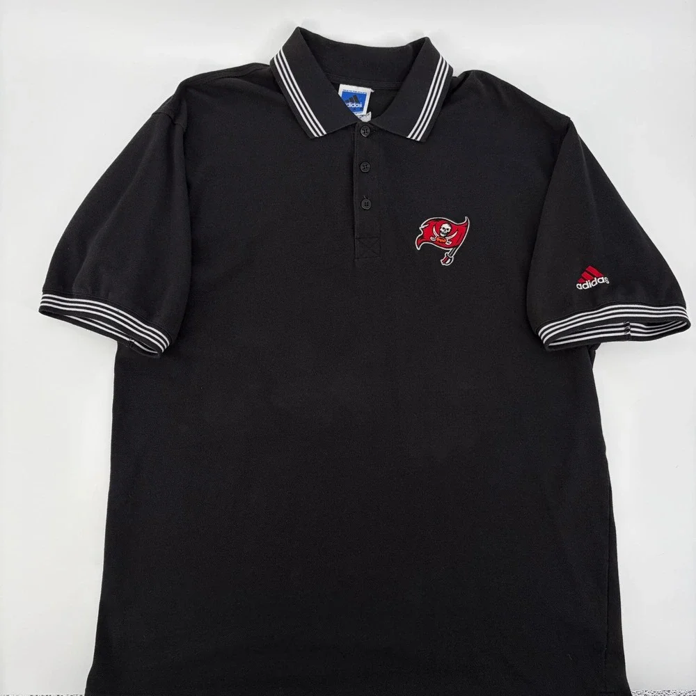 NFL Adidas Polo Shirt Mens Large Tampa Bay Buccaneers Black Football Fan‎ Sporty